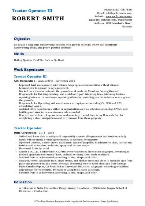 Tractor Operator Resume Samples | QwikResume