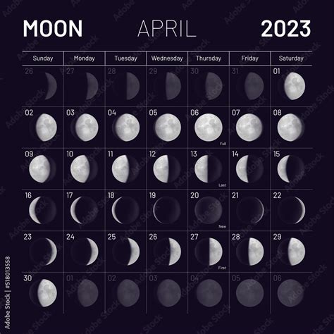 April lunar calendar for 2023 year, monthly cycle planner. Astrological schedule with lunar ...