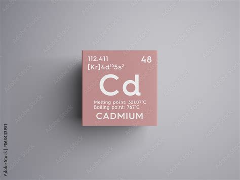 Cadmium. Transition metals. Chemical Element of Mendeleev's Periodic Table. Cadmium in square ...