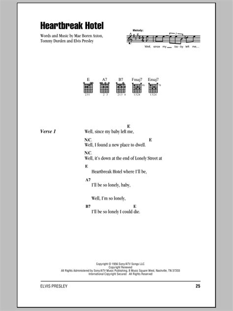 Heartbreak Hotel by Elvis Presley Sheet Music for Guitar Chords/Lyrics at Sheet Music Direct