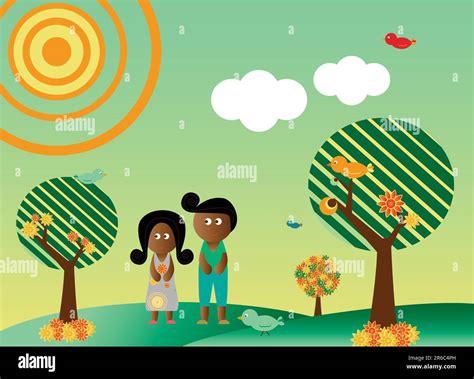 Retro style african american couple in a background with tree, sun, clouds, flowers and birds ...