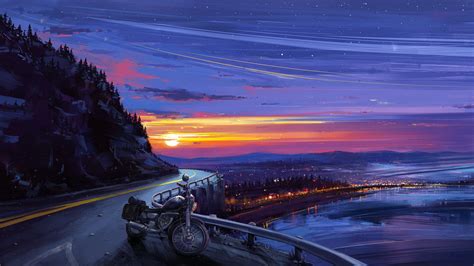 Image Sun motorcycle Roads sunrise and sunset Painting Art 1920x1080