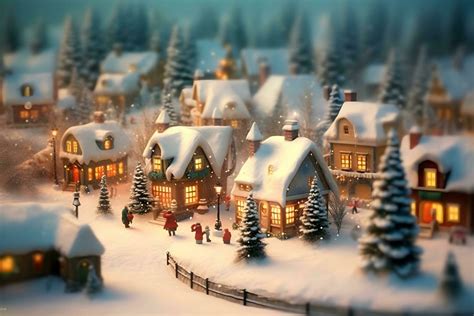 Christmas village with Snow in vintage style. Winter Village Landscape ...