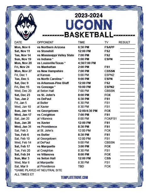 Printable 2023-2024 UConn Huskies Basketball Schedule