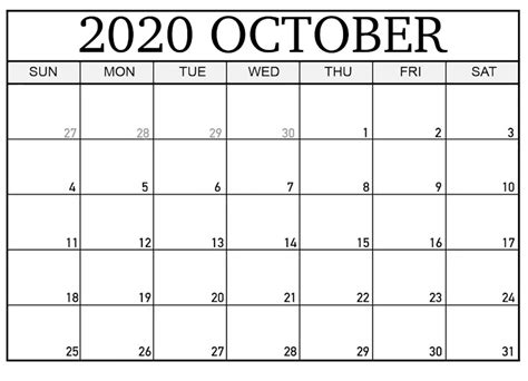 Free October 2020 Printable Calendar Blank PDF - Ko-fi ️ Where creators ...