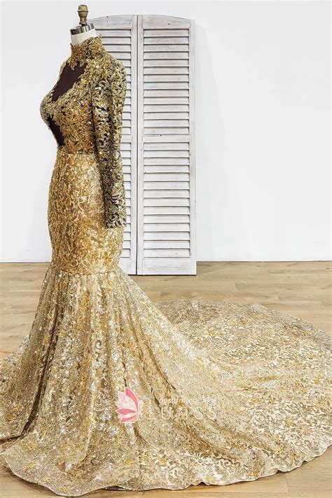 Luxury Gold Glitter Lace Mermaid Long Sleeve Formal Dress - Lunss