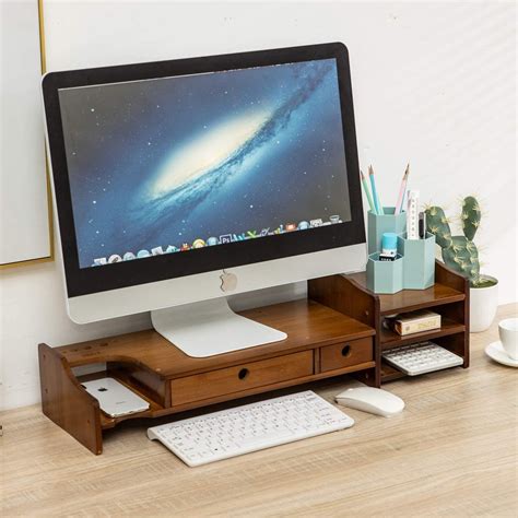 Maydear Bamboo Monitor Stand Desk Organizer With 4 Storage Drawers ...