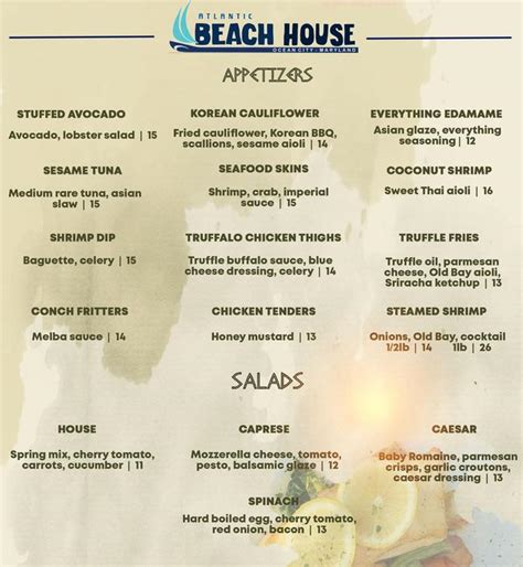 Online Menu of The Beach House Bar & Kitchen Restaurant, Atlantic City ...