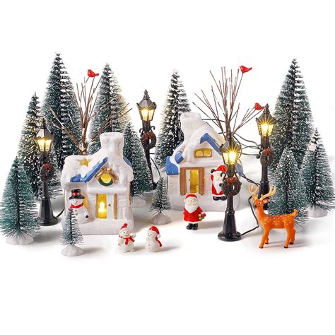 34 Pieces Christmas Village Houses Set, Mini Christmas Trees Christmas ...