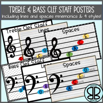 Lines & Spaces TREBLE CLEF & BASS CLEF STAFF posters w/ mnemonics - in 4 styles!