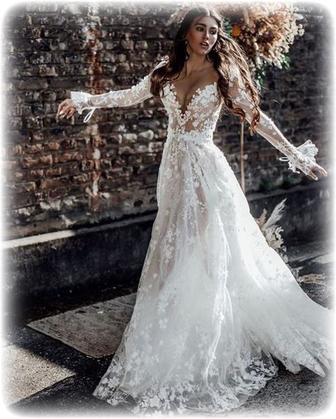 Romantic A-Line Long Sleeves White Lace Wedding Dresses | Rustic Boho ...