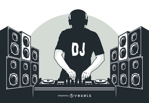 Black and white silhouette style hip hop DJ boy playing with turntable, headphone on the head, t ...