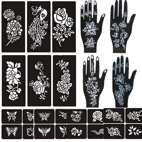 Buy Henna Tattoo Stencils,Black Henna Tattoo Templates Flowers Butterflies Reusable Large Size ...