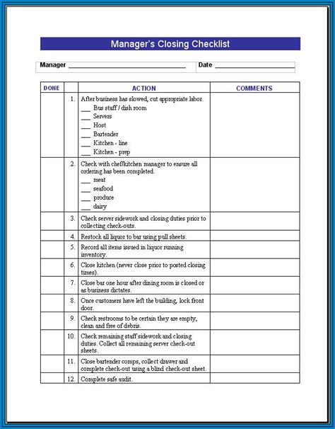 Kitchen Closing Checklist Template