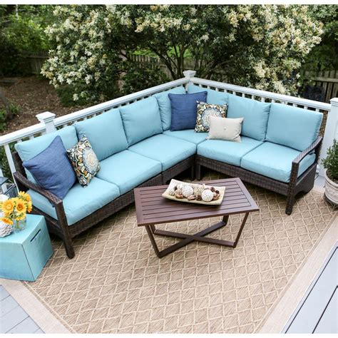 Augusta 5-Piece Wicker Outdoor Sectional Set with Blue Cushions-437409 ...