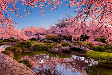 Japanese Water Garden With Cherry Blossoms