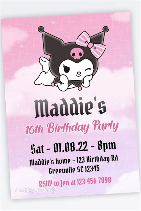 Kuromi Birthday Invitation | Hello kitty invitations, Hello kitty ...