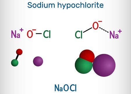 Sodium hypochlorite, NaOCl molecule. It contains a sodium cation and a hypochlorite anion. It is ...