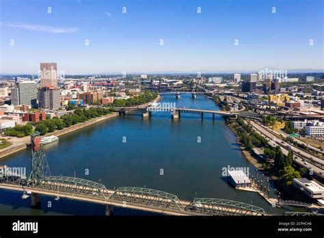 Aerial view of Downtown Portland Oregon with many bridges over river ...