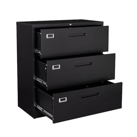 Mlezan 3 Drawer Lateral Cabinet Black Metal Cabinet Storage Filing ...