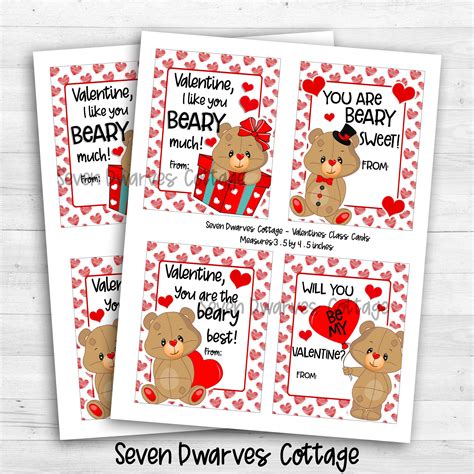 SALE - Printable Valentines Teddy Bear Valentine's Cards, Beary Sweet ...