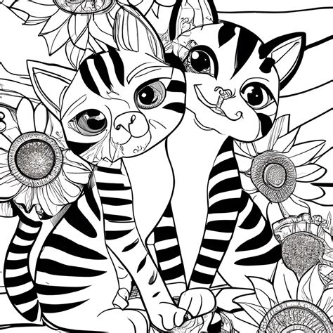 Striped Cats Sunflowers Coloring Page Black and White · Creative Fabrica