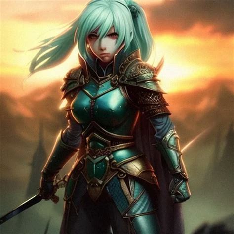 Ai Art Generator: Knight with Light green hair and a sword looking at the sunset pixel art