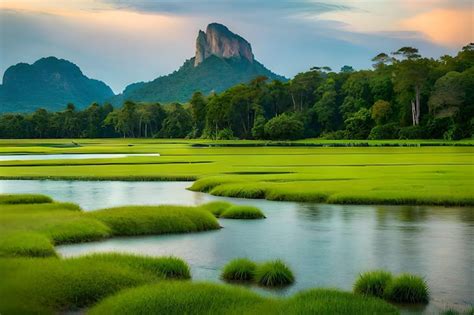 Premium AI Image | a river runs through a lush green landscape.