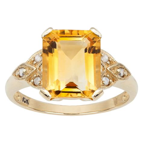 Designer Diamonds - 10k Yellow Gold Vintage Style Genuine Emerald-cut Citrine and Diamond Ring ...