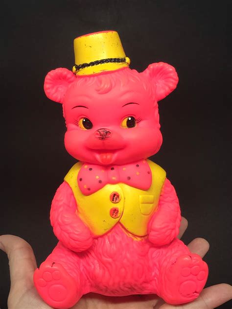 Vintage Squeak Vinyl Flashy Pink Teddy Bear Toy With Bow Tie | Etsy