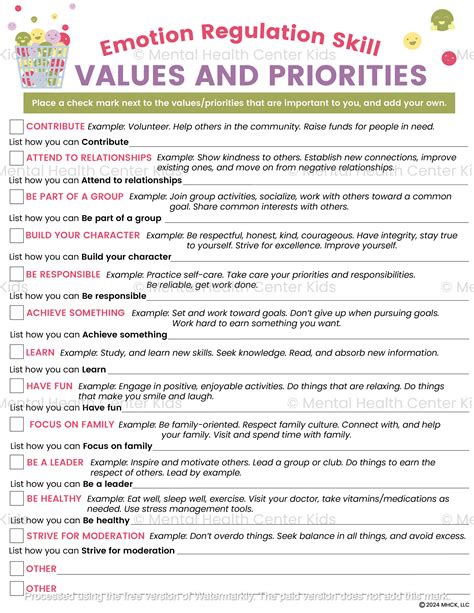 DBT Values And Priorities Worksheet – Mental Health Center Kids