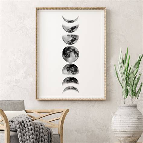 Moon Phases Wall Art Print Black and White Moon Poster Lunar | Etsy