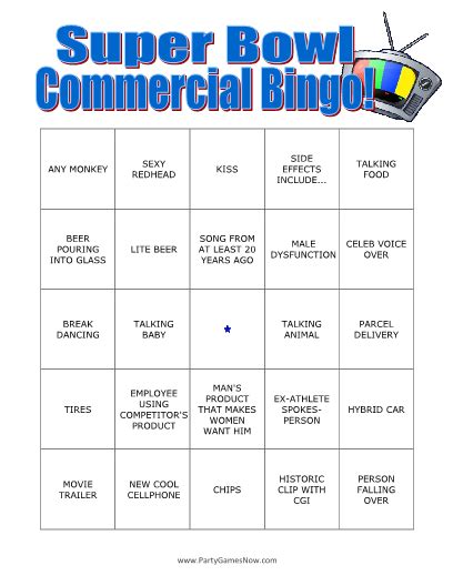 Super Bowl Commercial Bingo - Adult Super Bowl Games, Printable Super ...