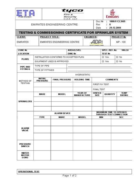 Testing & Commissioning Certificate For SPRK | PDF | Fire Sprinkler System | Chemical Engineering