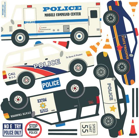 Five Police Vehicle Wall Decals, Matte Fabric Eco-Friendly Wal