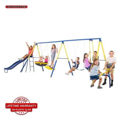 Sportspower Super 10 Metal Swing Set with Saucer Swing, Standing Swing, Teeter-Totter, and ...