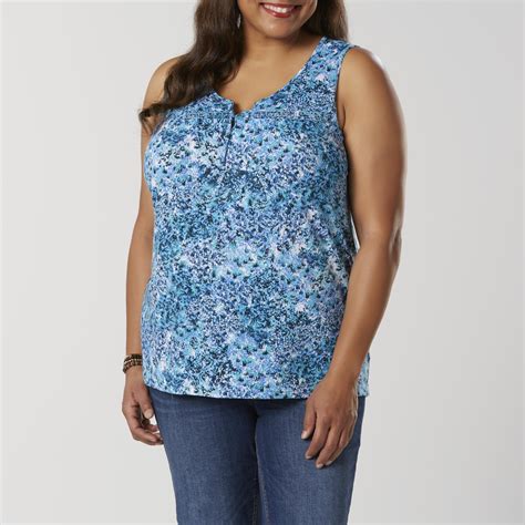 Basic Editions Women's Plus Smocked Tank Top - Abstract Floral