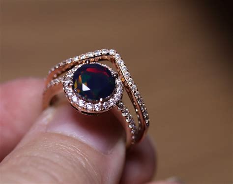 Gold engagement ring, natural black opal, halo gold ring, gold opal ...