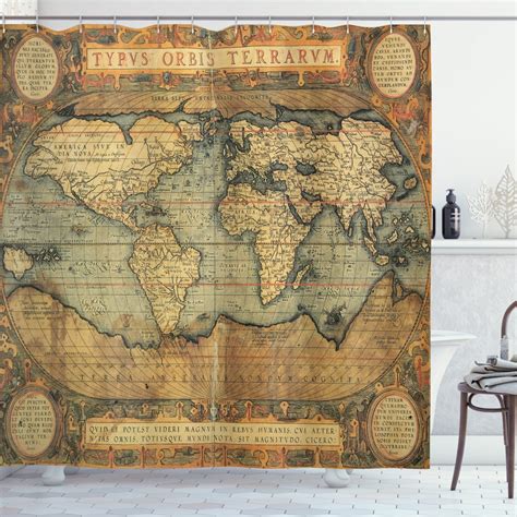 Ambesonne World Map Shower Curtain, Vintage Atlas Old Chart, 69"Wx75"L, Sand Brown Slate Blue ...