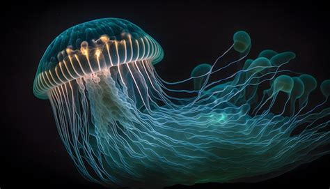 Premium Photo | A blue jellyfish is shown in the dark.