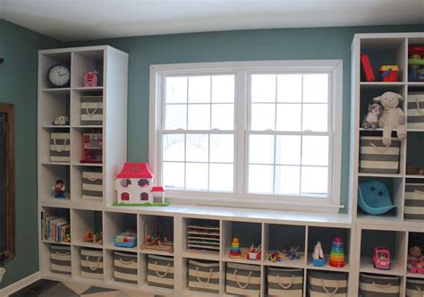 Playroom storage shelves- Ikea Kallax - cubbies- striped bins - Land of ...