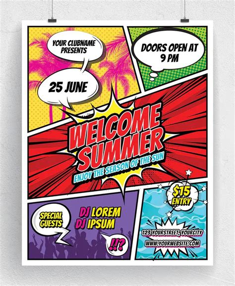 Comic style summer party flyer psd – Artofit