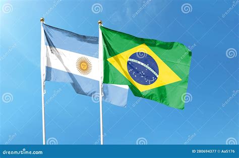 Brazil Flag with Argentina Flag on Cloudy Sky Stock Illustration ...