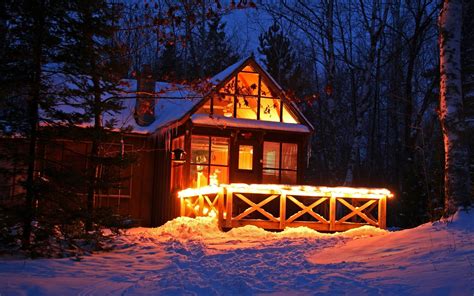 Wallpaper : lights, forest, night, snow, winter, house, evening, hut, light, weather, season ...