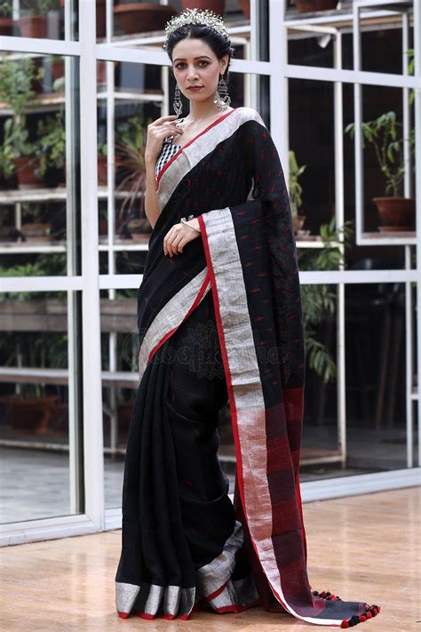 Black Linen Saree With Red Threadwork And Silver Zari Border | Saree, Linen saree, Cotton sarees ...