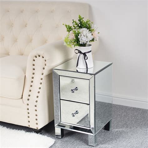 Winado Mirrored Glass Bedside Table,Nightstand With Two Drawers,End ...