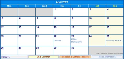 April 2027 UK Calendar with Holidays for printing (image format)