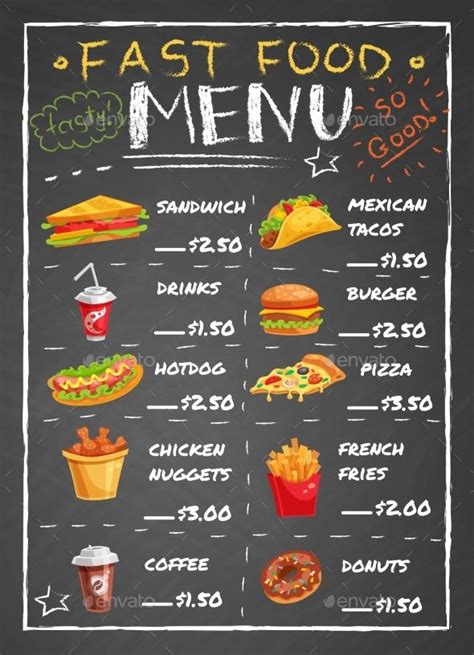 Fast Food Restaurant Menu On Chalkboard | Food truck menu, Fast food menu, Food menu design