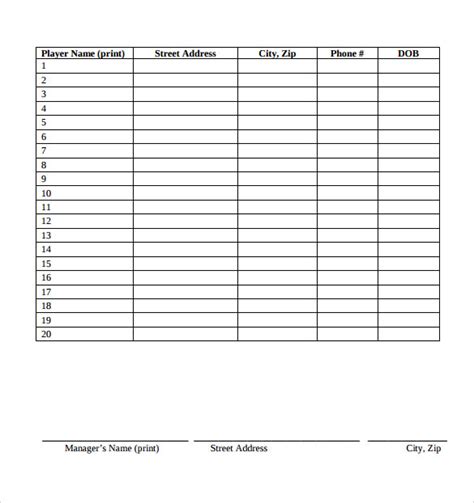 Baseball Team Roster Template