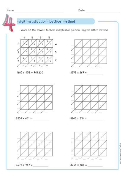 Lattice multiplication worksheets PDF | Printable multiplication tests